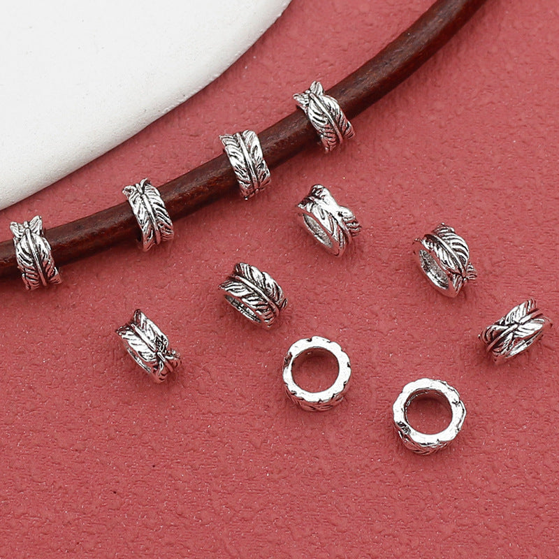 Tube Metal Beads 7mm Leaf Patterned Tibetan Silver Tone 100pcs