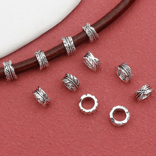 Tube Metal Beads 7mm Leaf Patterned Tibetan Silver Tone 100pcs