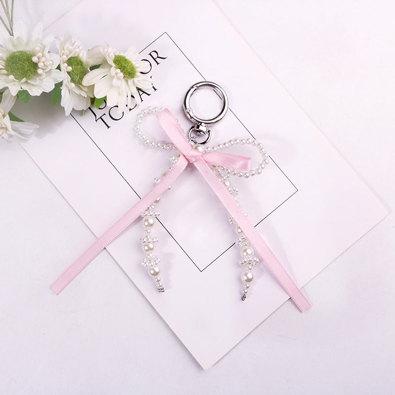 Pearl Bow Keychain Pink Satin Ribbon Resin Metal 2pcs 3
