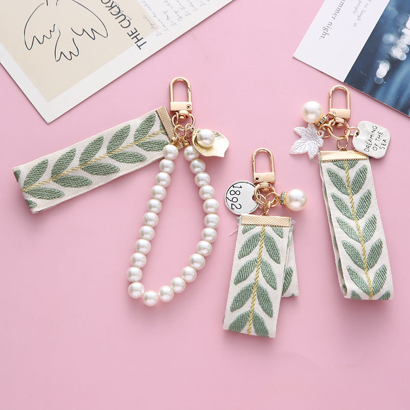 Ribbon Pearl Keychain Alloy Gold Tone Charms Embroidered Leaves