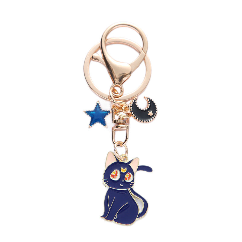 Enamel Moon Cat Keychain with Crescent Moon and Star Charm Alloy 5