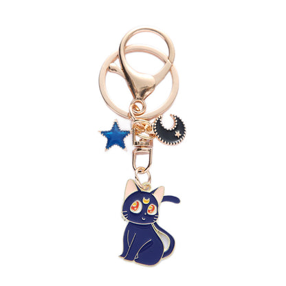 Enamel Moon Cat Keychain with Crescent Moon and Star Charm Alloy 5