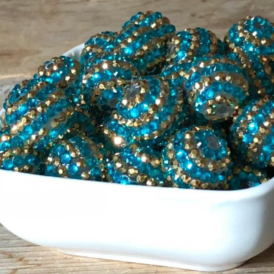 Plated Bubblegum Beads 16-22mm Blue Gold Striped Rhinestone 5pcs