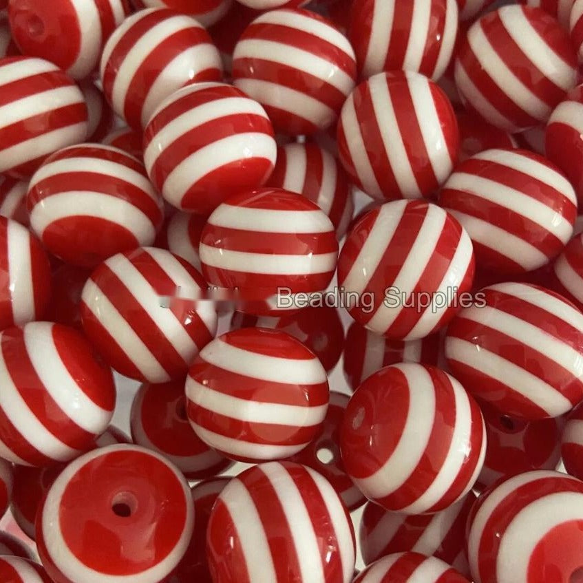 Striped Bubblegum Beads 20mm Chunky Red and White Resin 10pcs