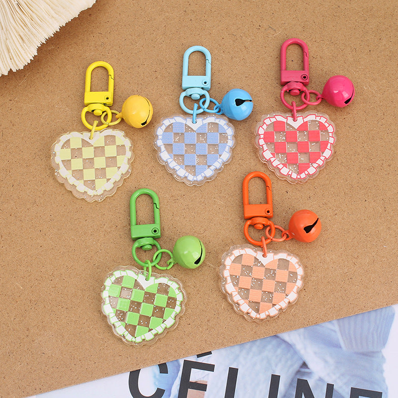 Acrylic Heart Keychain Vibrant Love Grid Checkerboard with Bell Charm 2