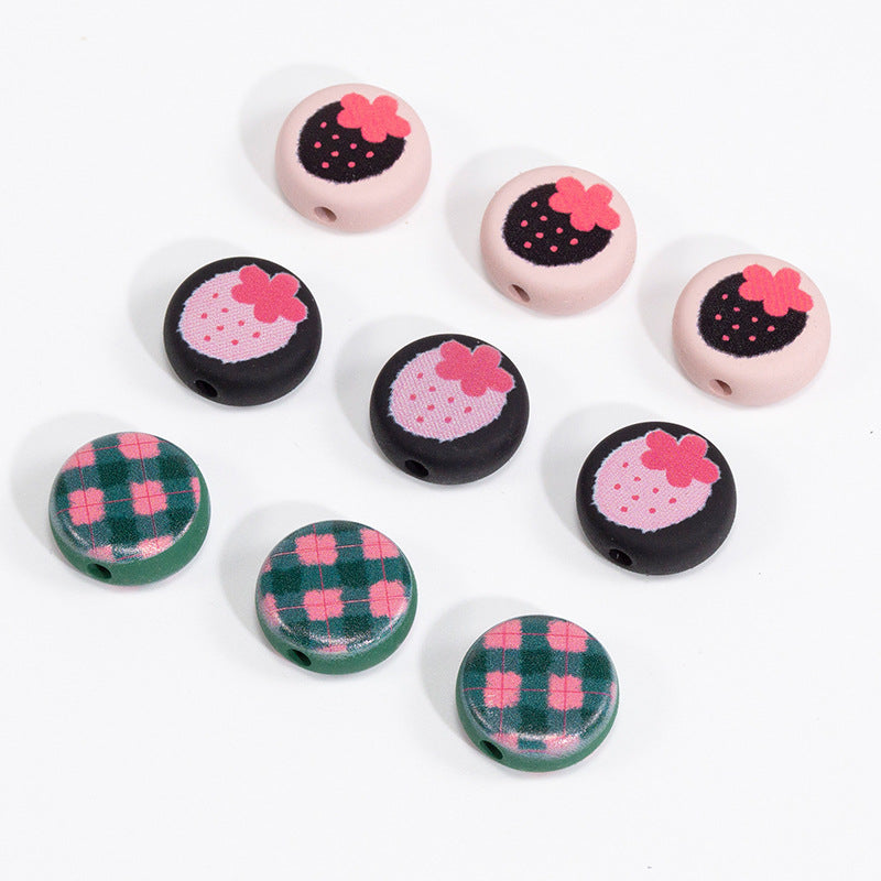 Flat Acrylic Beads 17mm Black Pink Strawberry Printed 20pcs 6