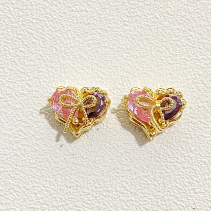 Brass Heart Metal Beads 12x10mm Zirconia Embeded Bow 5pcs 6