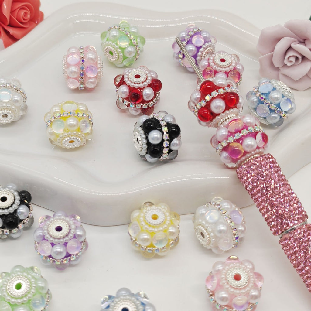 Rhinestone Bubblegum Beads 18mm Pearl Encrusted Round 4pcs