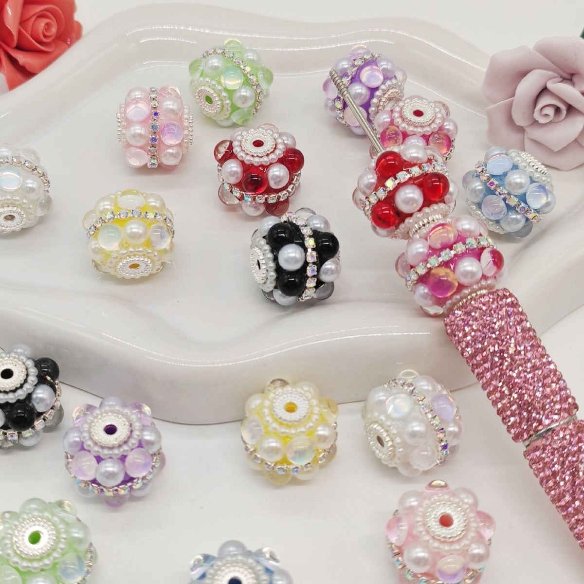 Rhinestone Bubblegum Beads 18mm Pearl Encrusted Round 4pcs