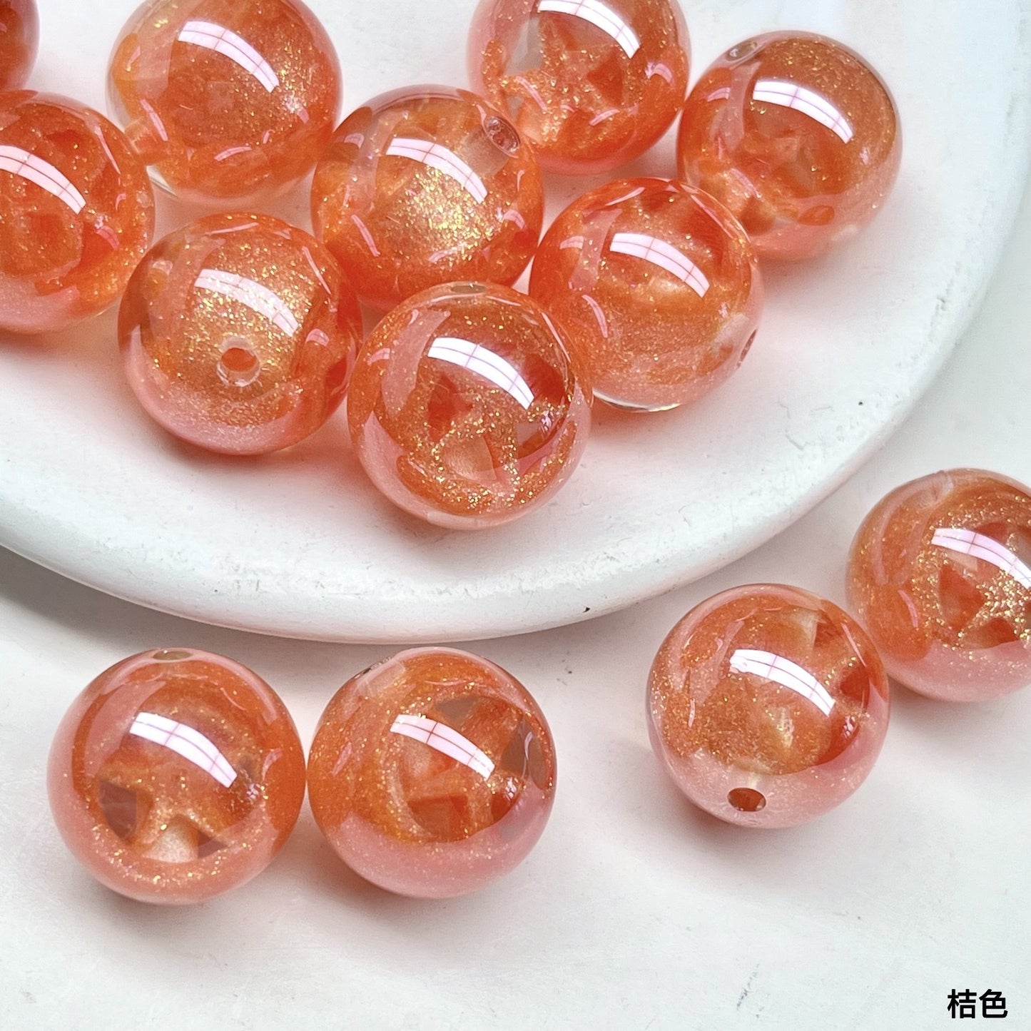 Shimmer Star Pattern Resin Round Beads 16mm Pink 10pcs 10