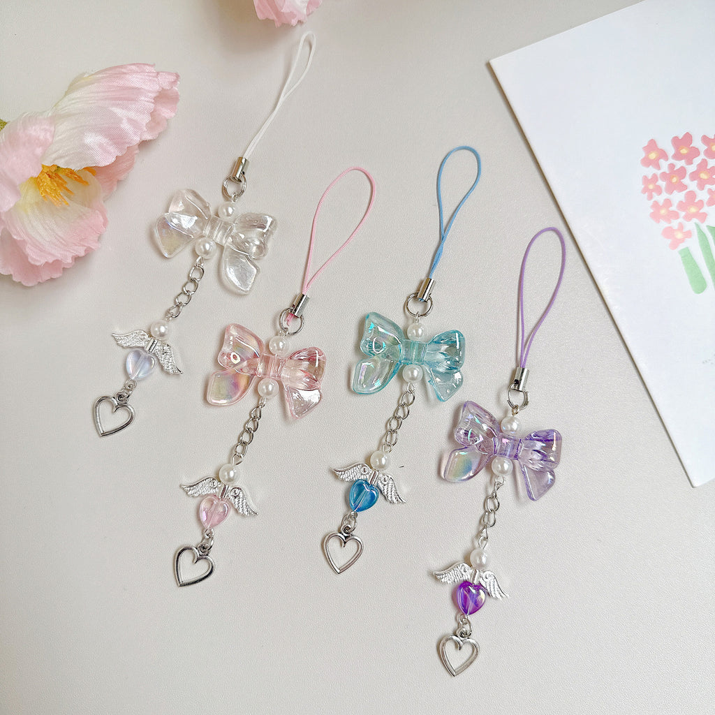 Acrylic Angel Wing Phone Charm Pastel Bow Pendant 4pcs 13cm