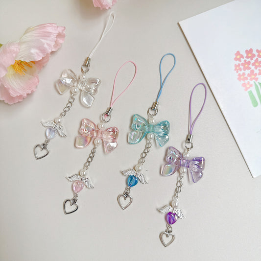Acrylic Angel Wing Phone Charm Pastel Bow Pendant 4pcs 13cm