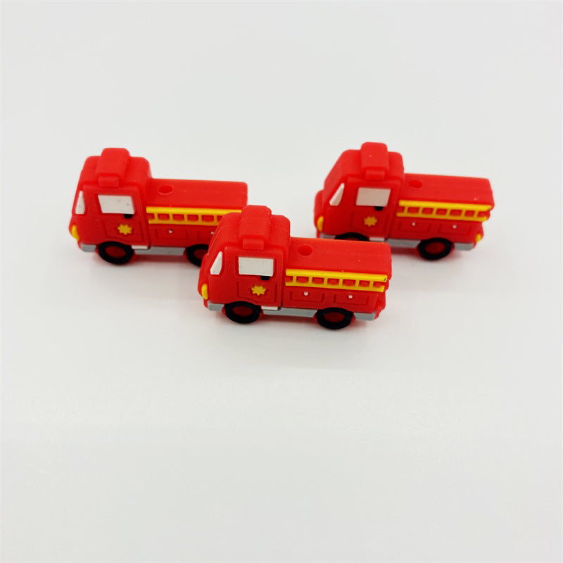 Silicone Focal Beads Fire Truck Red Detailed Textured Back 10pcs 3