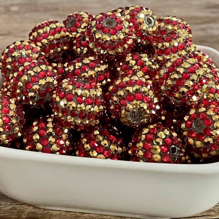 Rhinestone Bubblegum Beads 16-22mm Christmas Red Gold Striped Resin 5pcs 2