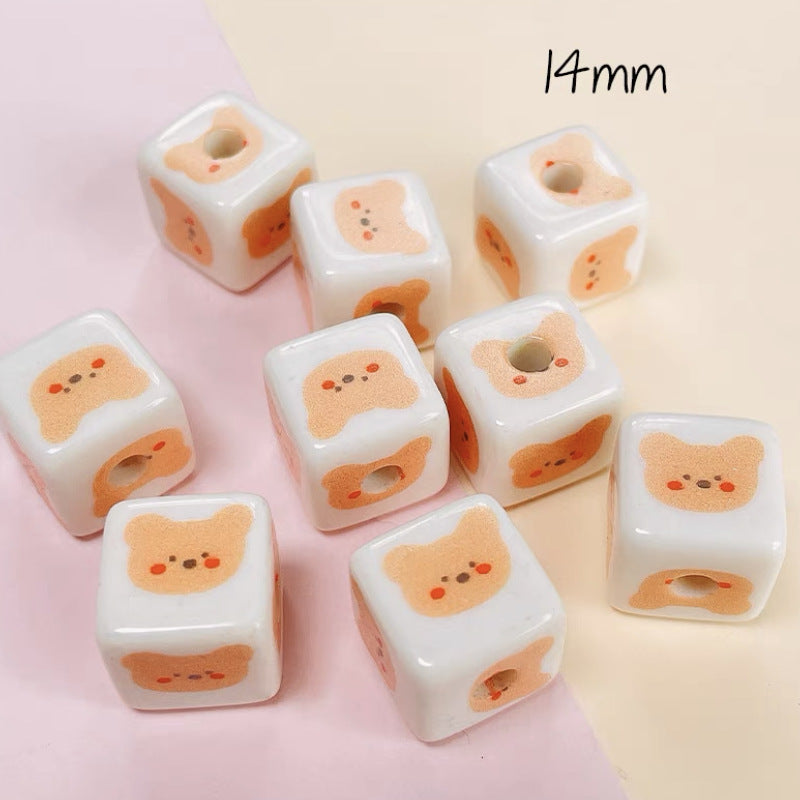 Cream Cartoon Printed Square Acrylic Beads 14mm 20pcs 9