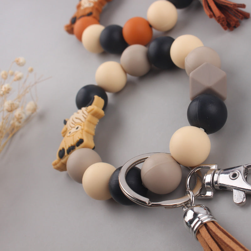 Silicone Beaded Yak Wristlet Keychain with Faux Leather Tassel 3