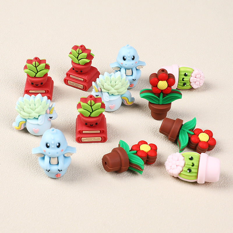 Silicone 3D Focal Beads Cactus Flower Pot 3D Red Flower Pot 20pcs 2