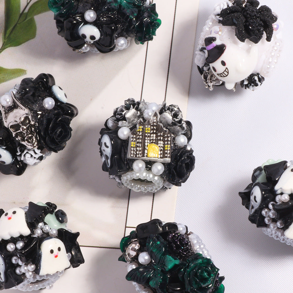 Halloween Barrel Clay Beads 26mm Skull Black Roses Pearl 5pcs 2