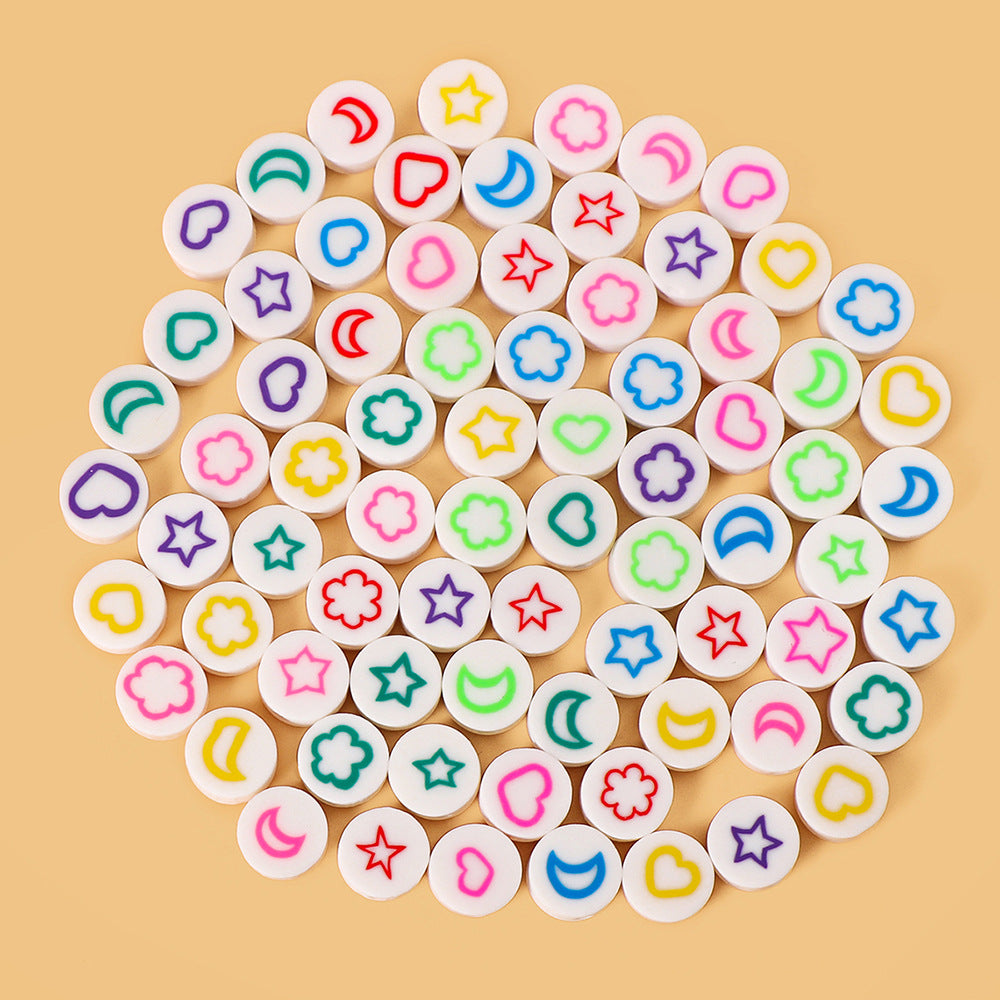 Flat Round Clay Beads 9mm Star & Moon Pattern Polymer 100pcs 3