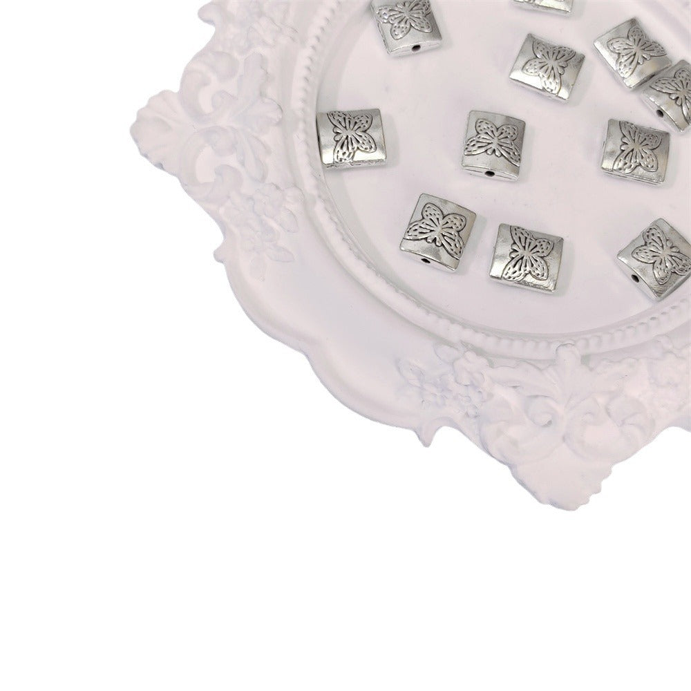 Square Metal Beads 10mm Butterfly Pattern Antique Silver Tone 100pcs 4