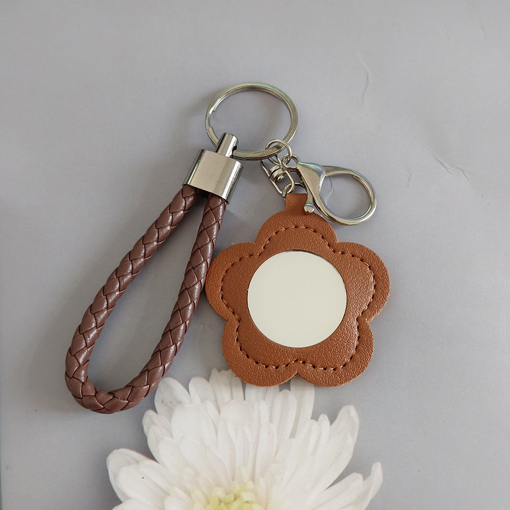 Colorful PU Leather Flower Mirror Wristlet Keychain 3pcs 3
