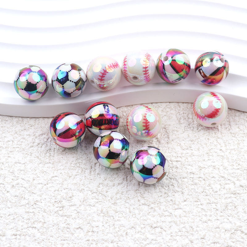Plating Round Acrylic Beads 16mm UV Sports Ball Pattern 20pcs 6