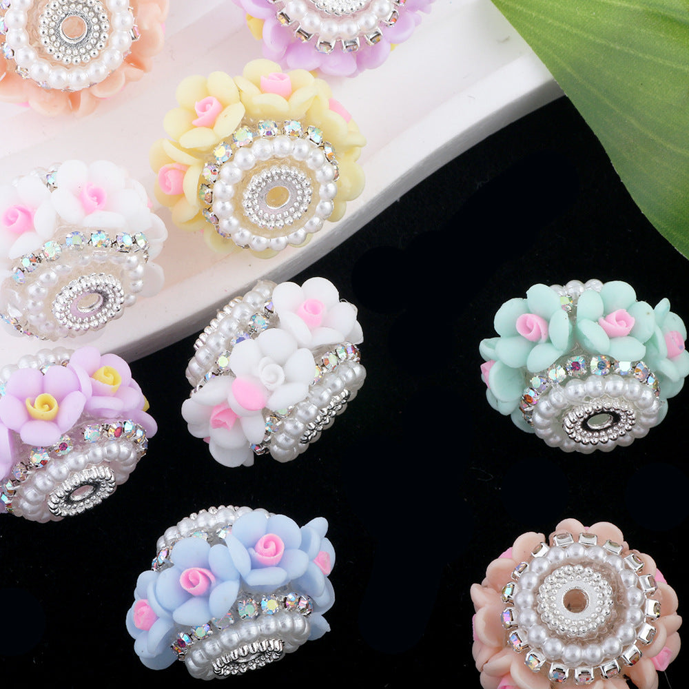 Flower Clay Beads 21mm Pastel Pearl Rhinestone Barrel 10pcs 4