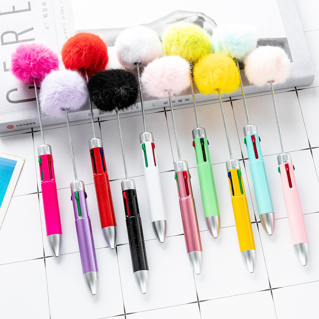 Beadable Pen Plastic Multicolor Fur Ball 4 Ink Colors 1pc