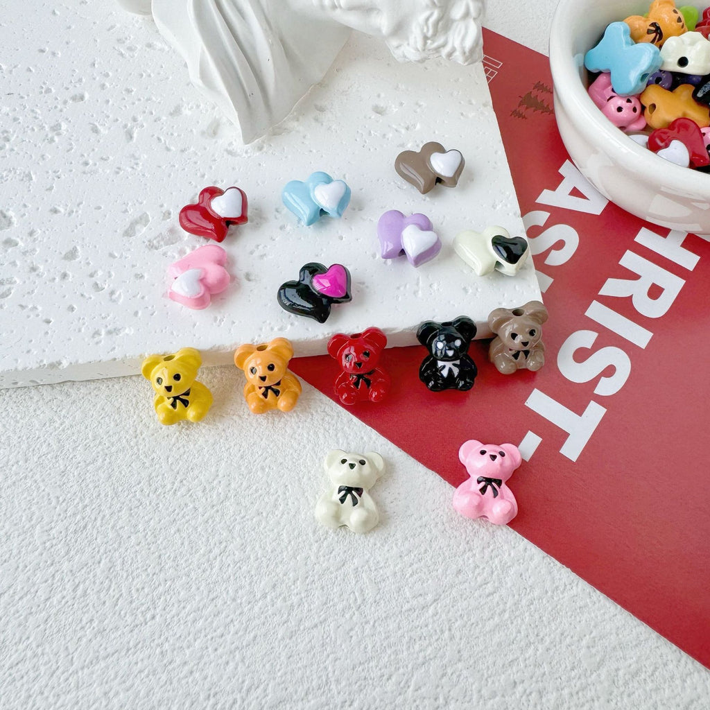 Bear and Double Heart Metal Beads 13mm Baking Painted Alloy 10pcs 3