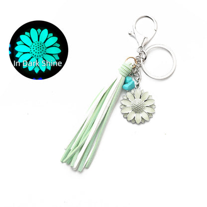 Western Glow in the Dark Ox Skull Keychain Metal Turquoise Tassel 15