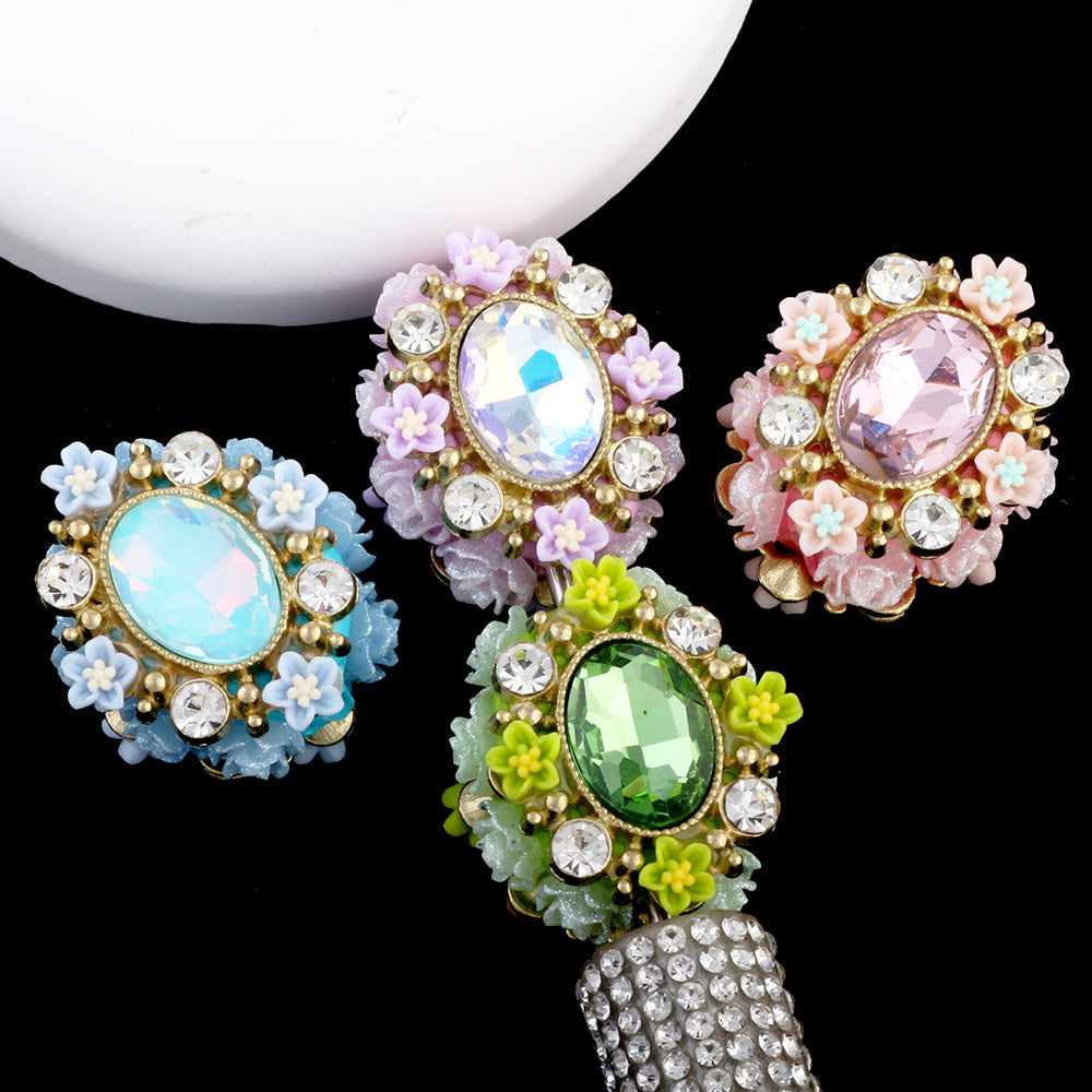 Vintage Flower Wrapped Clay Beads 28mm Oval Rhinestone 2pcs 3