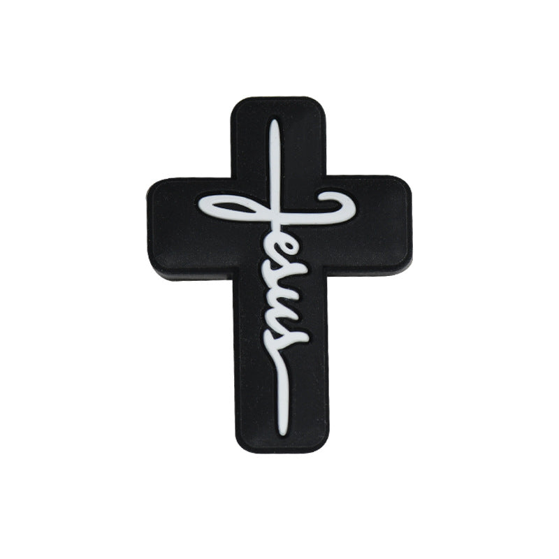 Silicone Focal Beads Jesus Cross Black White Script Text 20pcs 2