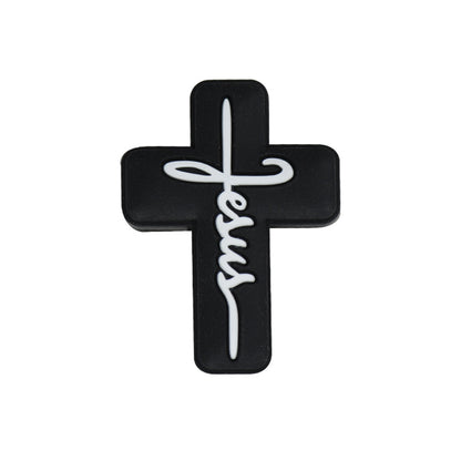 Silicone Focal Beads Jesus Cross Black White Script Text 20pcs 2