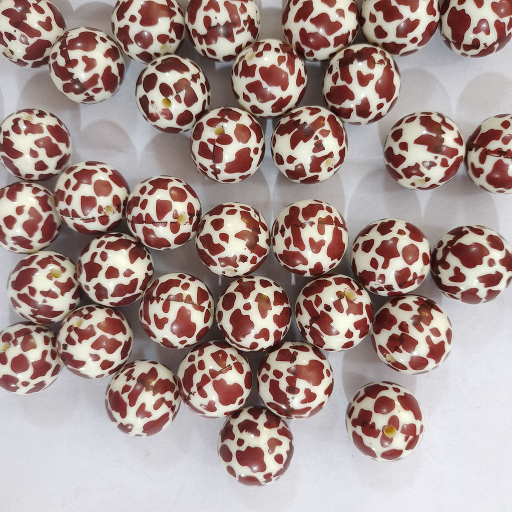 Coffee Colored Bubblegum Beads 20mm Cow Pattern Acrylic 10pcs 3