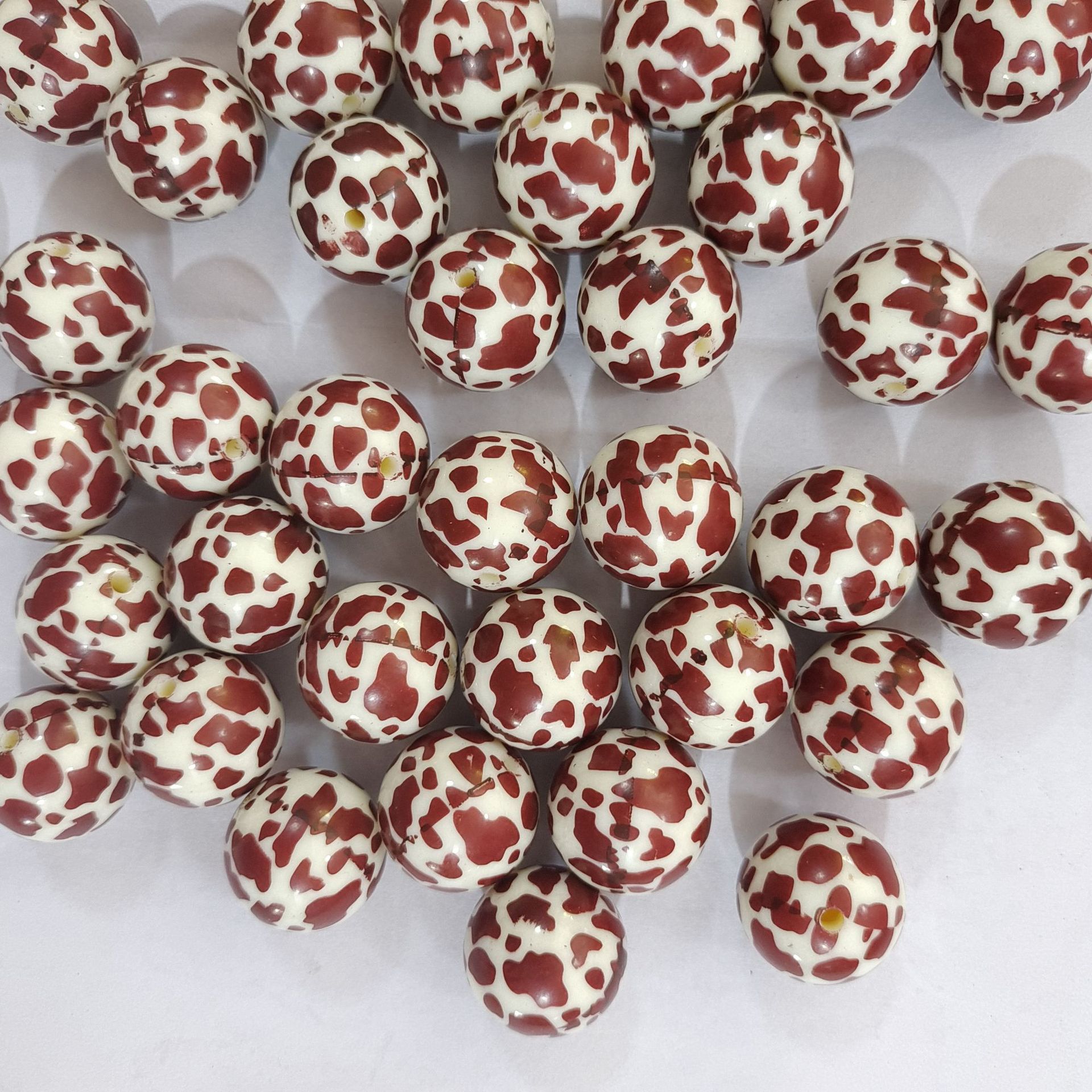Coffee Colored Bubblegum Beads 20mm Cow Pattern Acrylic 10pcs 3