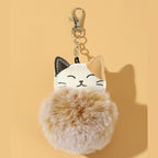 Leather Plush Cat Keychain Soft Tan Faux Leather Zinc Alloy 3
