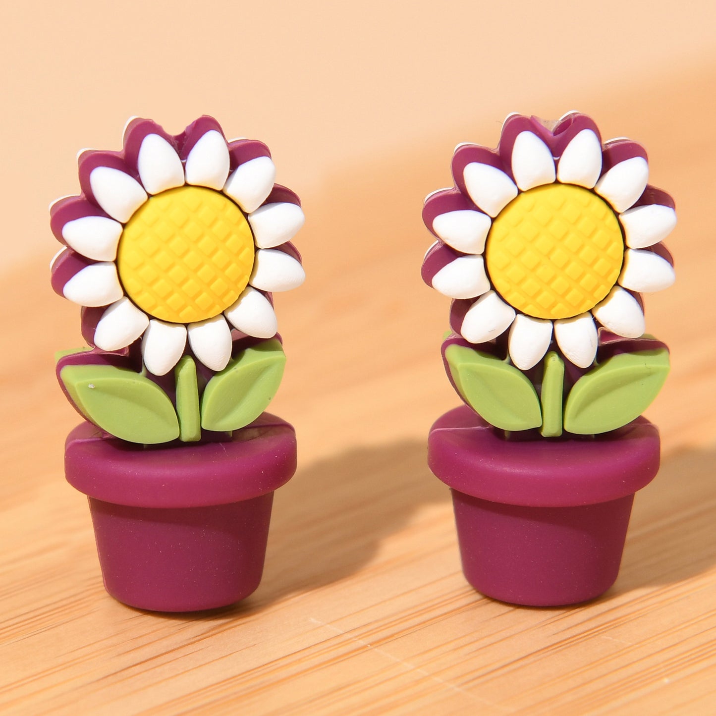 Silicone Focal Beads Sunflower Flowerpot Brown Pot Yellow Flower 20pcs 13