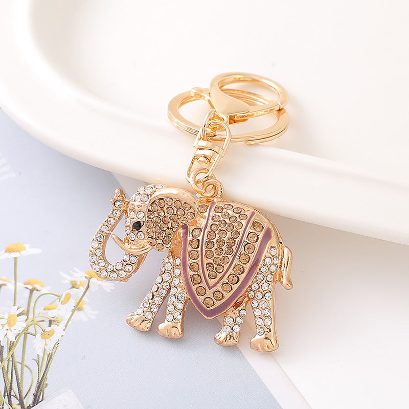 Rhinestone Elephant Keychain Metal Alloy Gold Tone Lake Blue Charm 2
