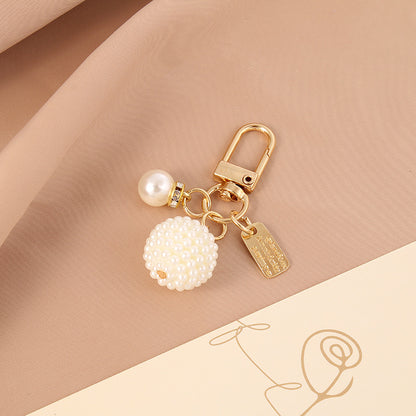 Pearl Embellished Alloy Heart Keychain Gold Tone Metal 7