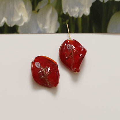 Lampwork Glass Beads Leaf 22mm Handmade Distressed Curled 4pcs 16