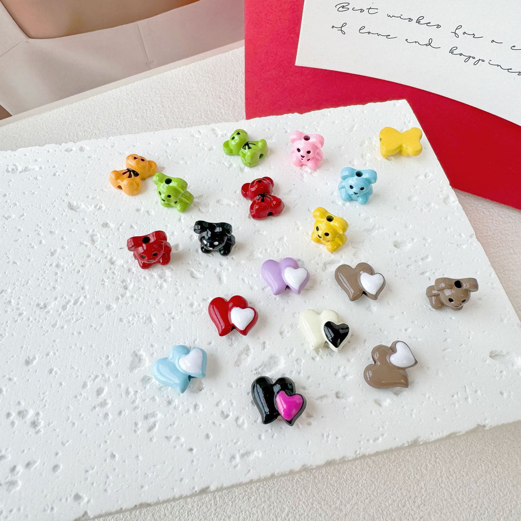 Bear and Double Heart Metal Beads 13mm Baking Painted Alloy 10pcs 4
