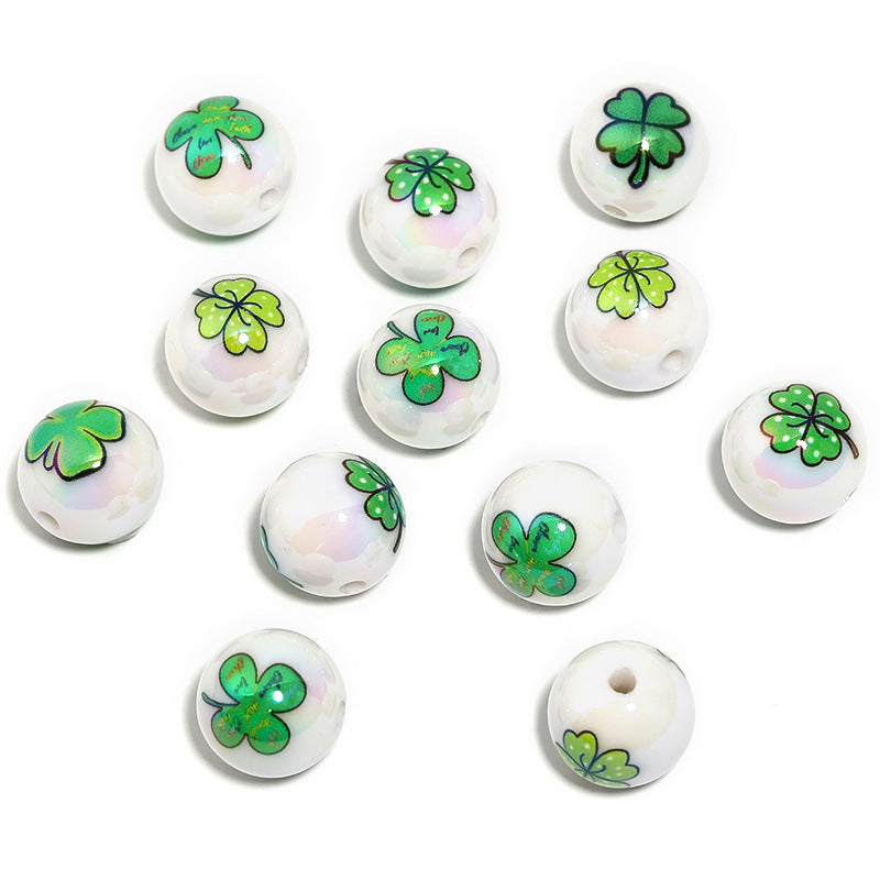 St. Patrick's Day Shamrock Acrylic Beads 16mm UV Plating Polka Dotted Leopard 50pcs 5