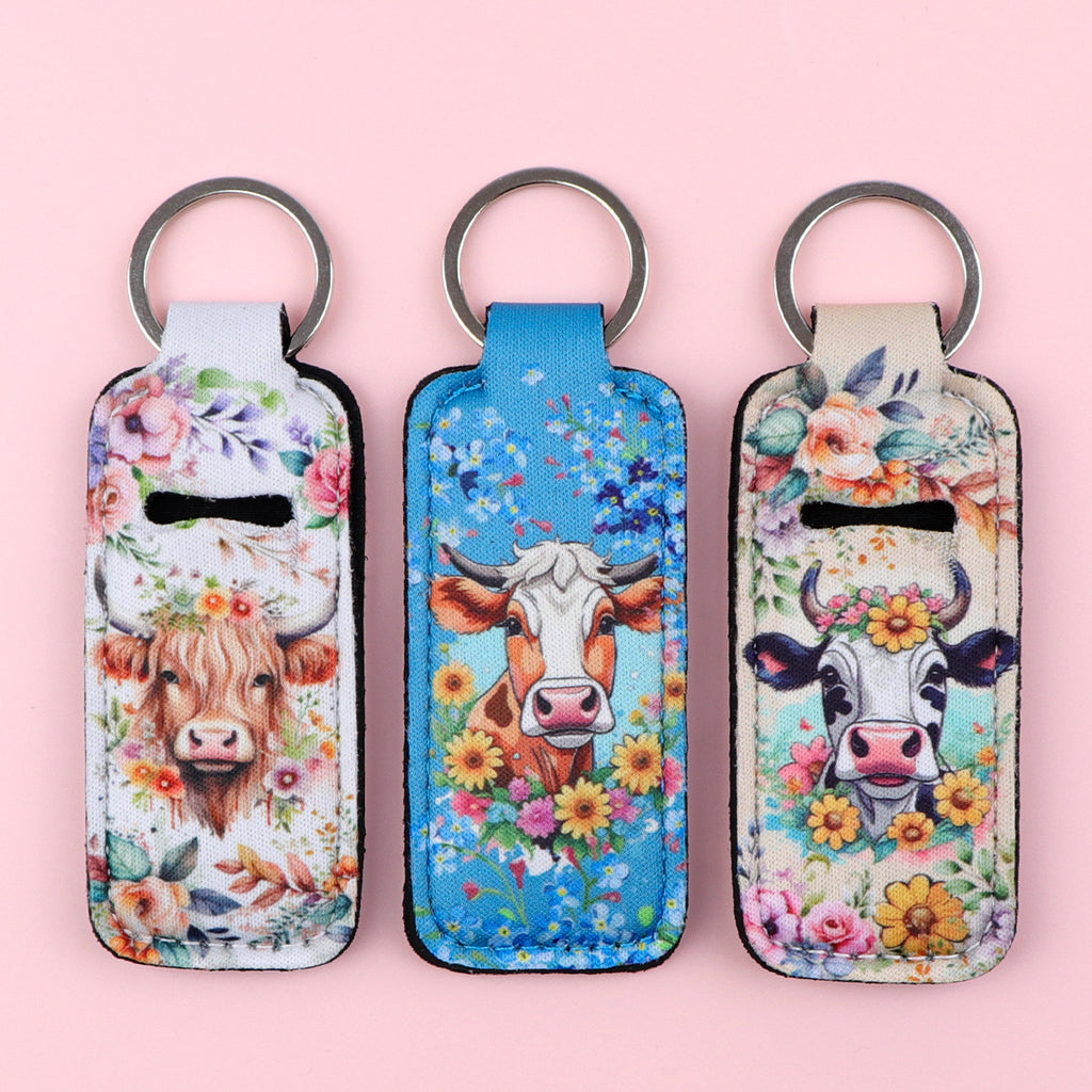 Highland Cow Pattern Chapstick Holder Neoprene Functional Keychain 3pcs 4