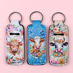 Highland Cow Pattern Chapstick Holder Neoprene Functional Keychain 3pcs 4