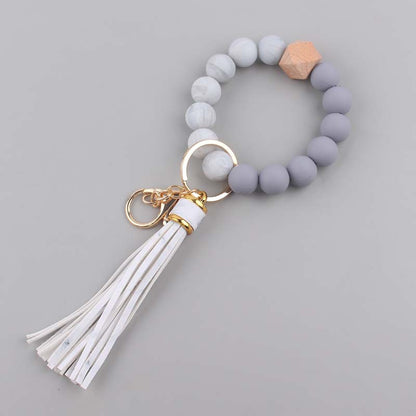 Silicone Beaded Wristlet Keychain with Leather PU Tassel in Pastel Colors 17