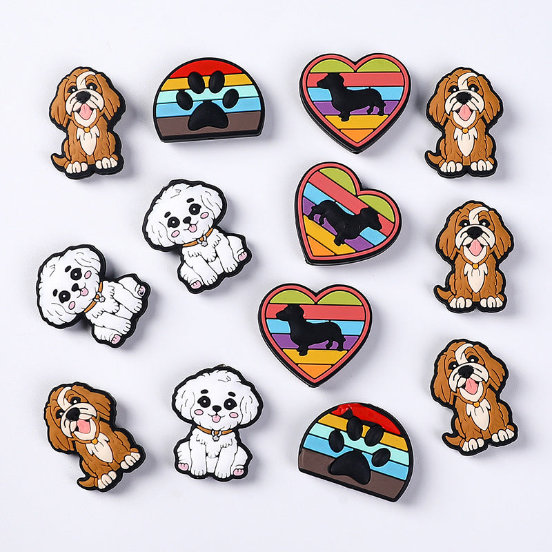 Silicone Focal Beads Puppy Heart Shape Rainbow Paw Prints 20pcs 3
