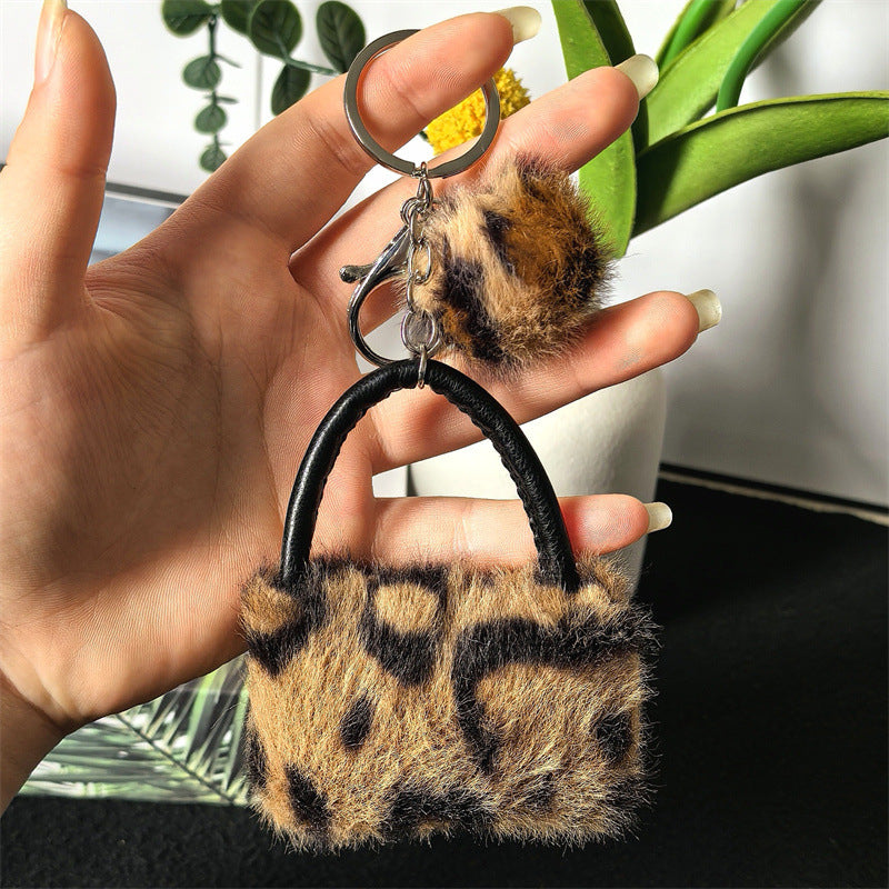 Leopard Print Plush Pom Pom Bag Keychain Soft Fluffy Animal Print 2pcs 6