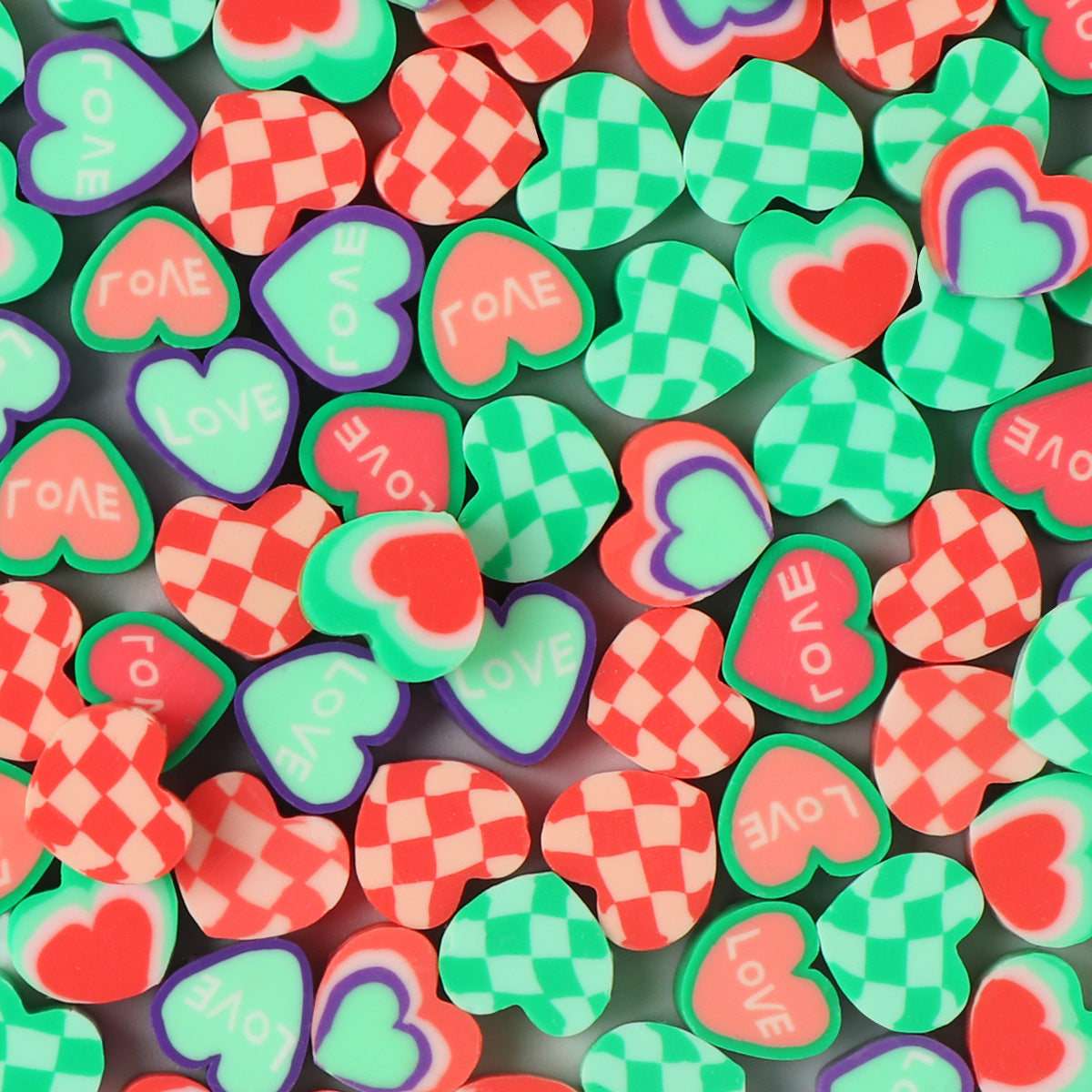 Christmas Heart Clay Beads 10mm Red Green Patterned 100pcs 6