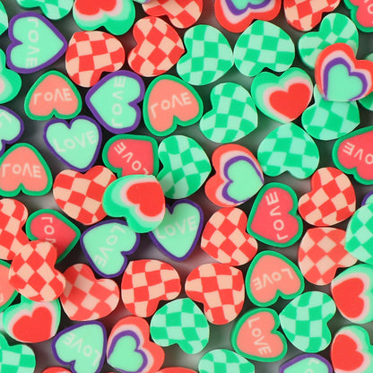 Christmas Heart Clay Beads 10mm Red Green Patterned 100pcs 6