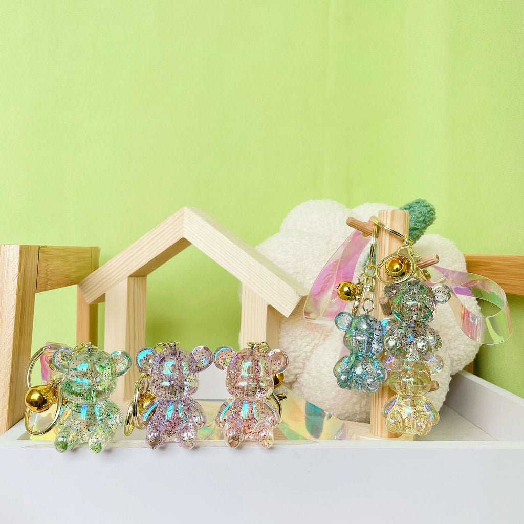 Acrylic Crystal Sitting Bear Keychain Iridescent Glitter Colors 3